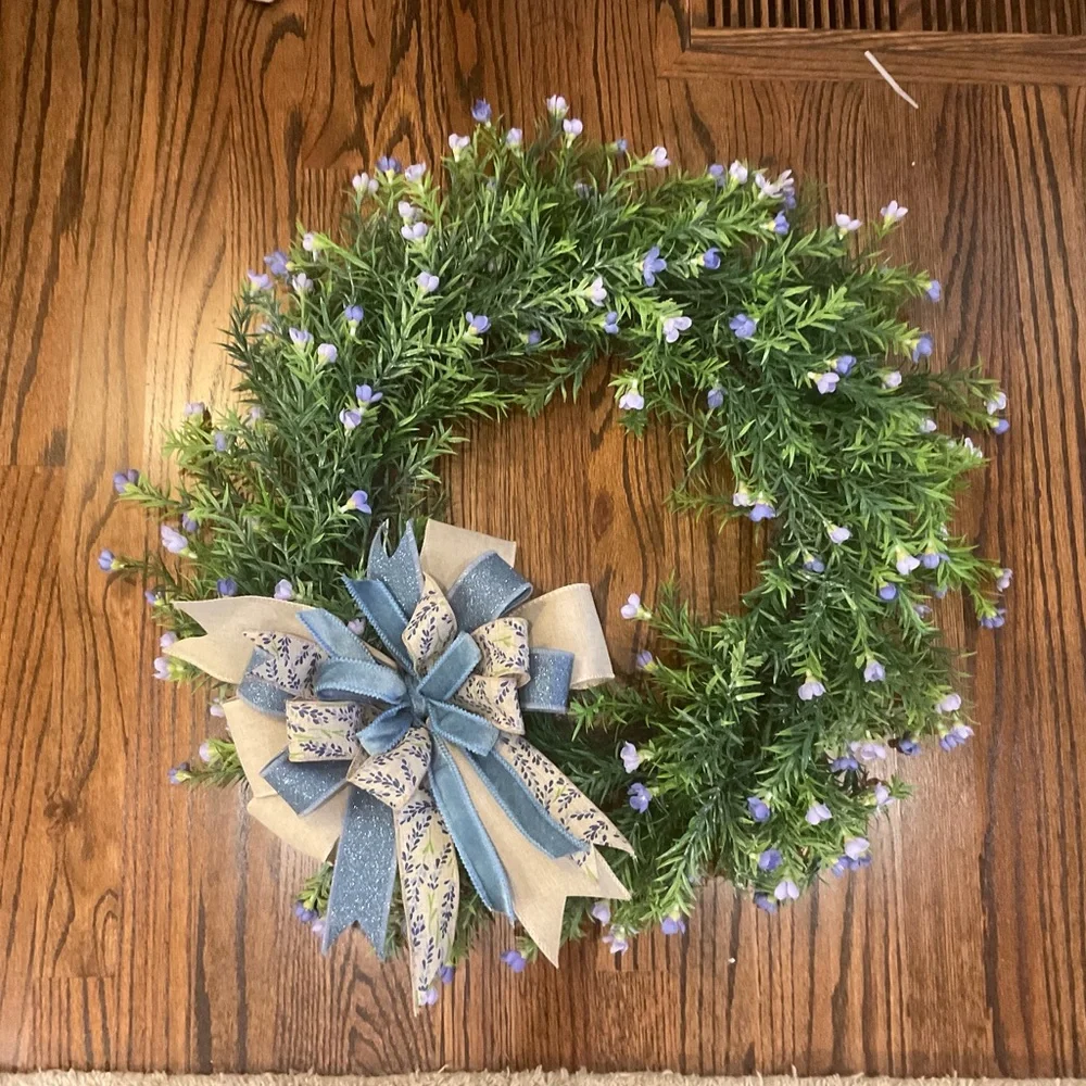 Handcrafted Greenery Wreath with Blue Ribbon Accent